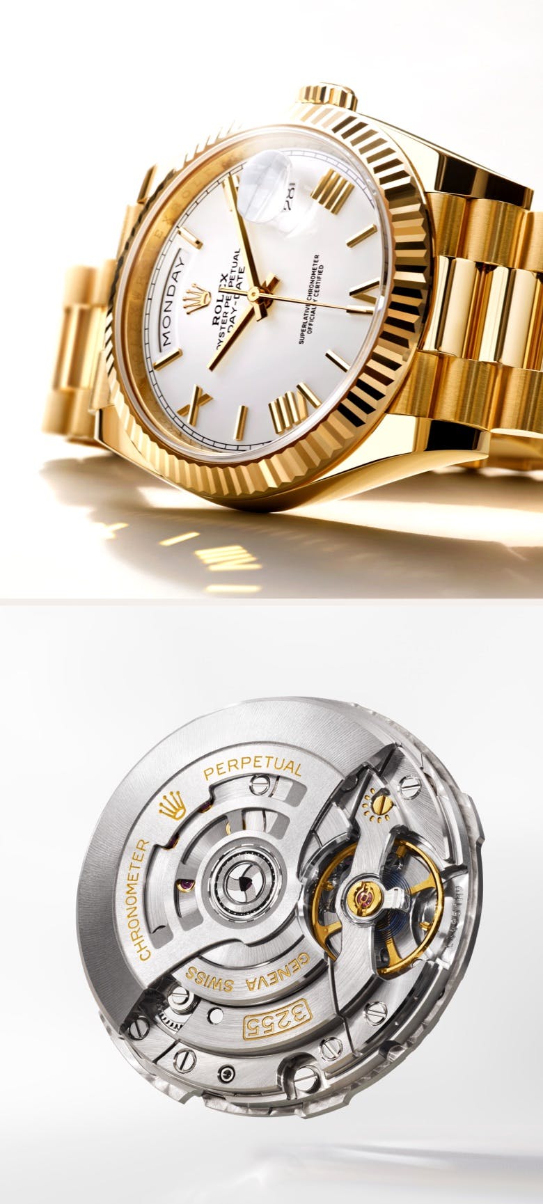 Gold Rolex Day-Date with White Dial and Photo of Caliber
