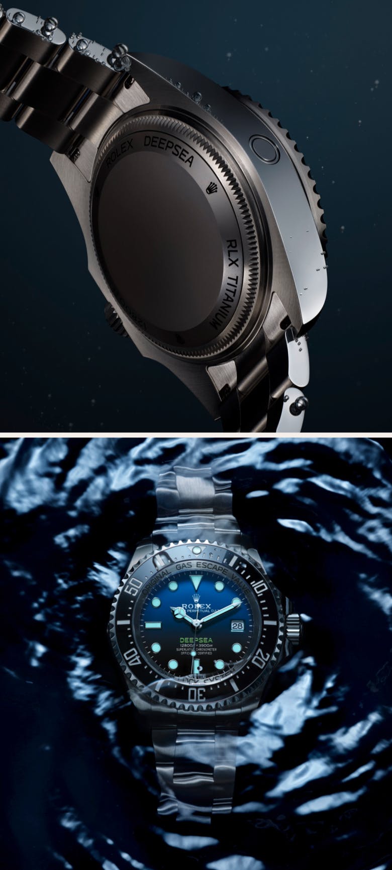 Dual Rolex Deepsea photo with caseback and bezel shot under the surface of water