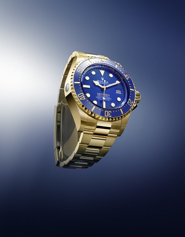 Gold Rolex Deepsea with Blue Bezel and Dial Floating and turned 30 degrees