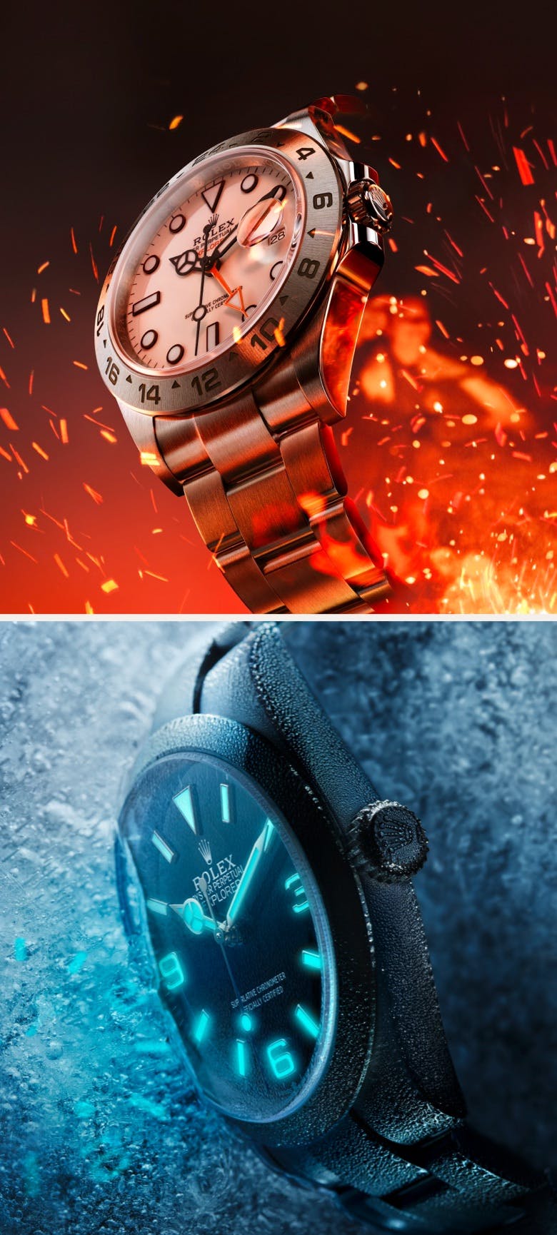 Two Rolex Explorer watches are shown: on the left, a watch with a white dial and silver bracelet surrounded by fiery sparks; on the right, a watch with a black dial and luminescent markers covered in frost and ice.