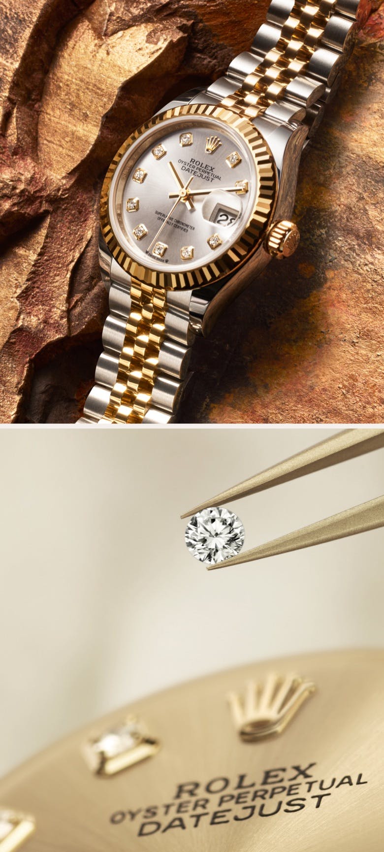A Rolex Lady Datejust watch with a gold and silver bracelet and diamond markers, accompanied by a detailed view of a diamond setting.