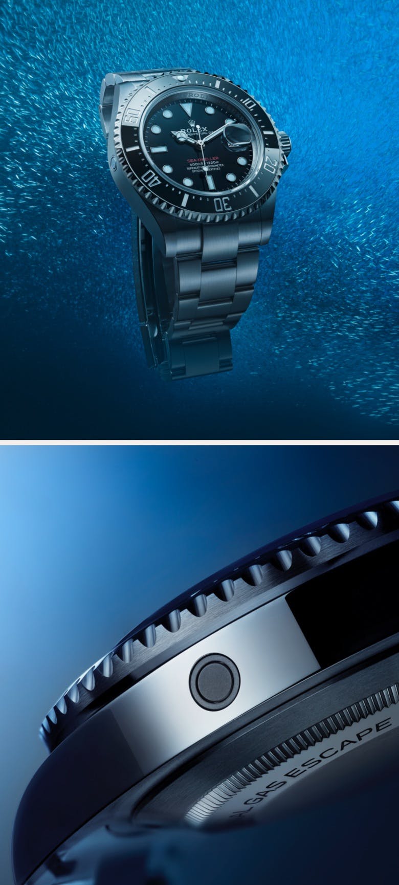 A Rolex Sea Dweller watch with a black dial and silver bracelet, displayed against a blue underwater background, with a close-up of the watch's bezel on the right.