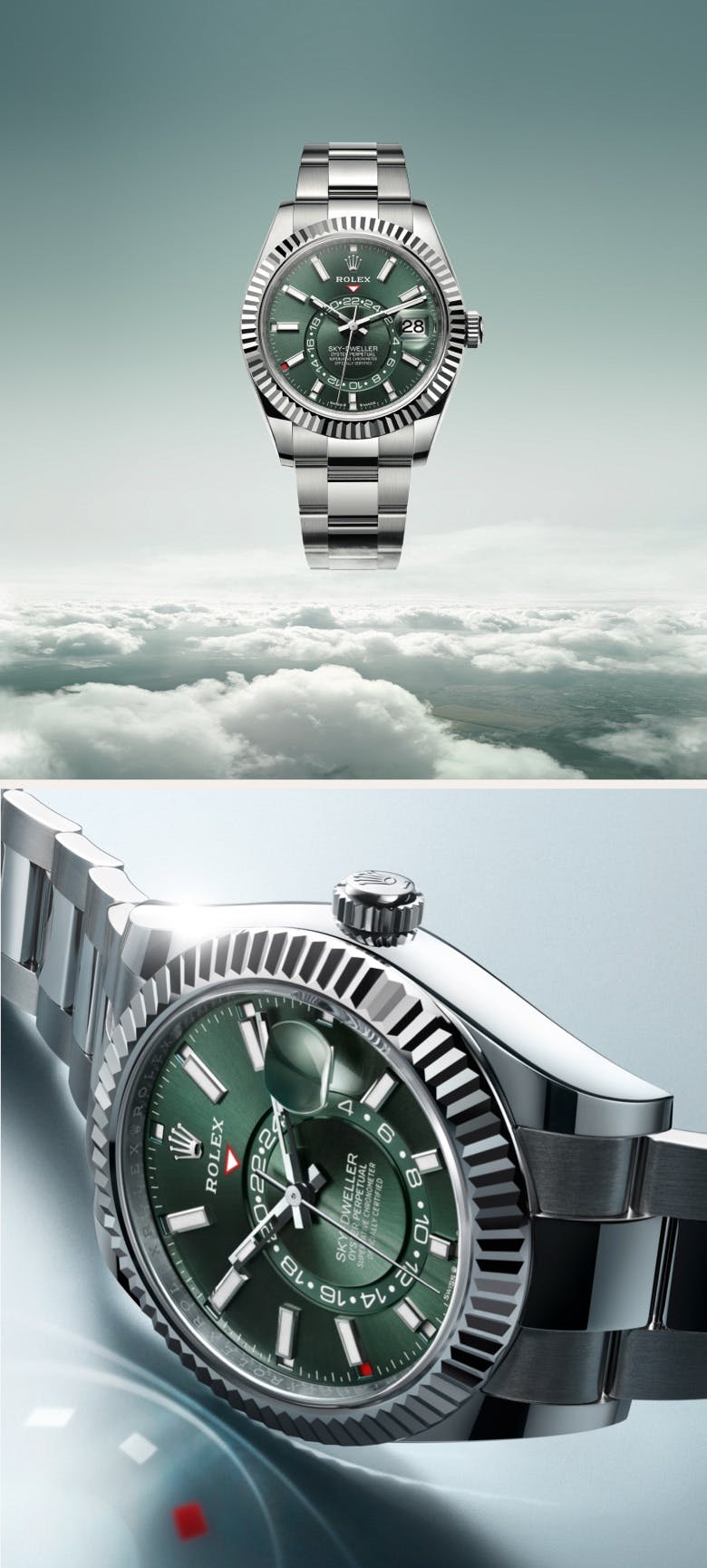 A Rolex Sky-Dweller watch with a green dial and silver bracelet, displayed against a sky background with clouds on the left, and a close-up of the watch face on the right.