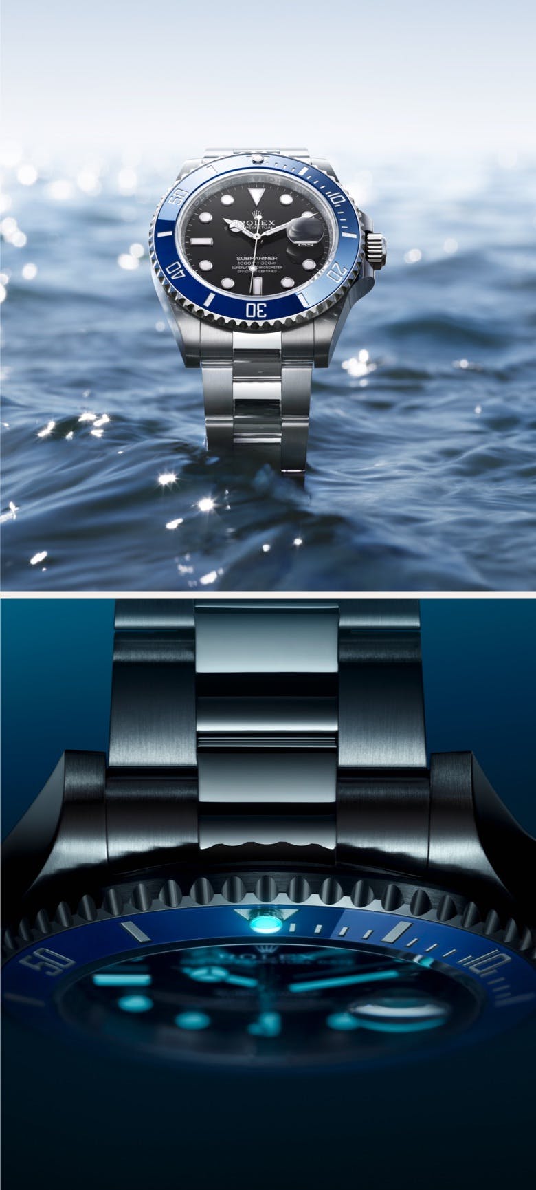 A Rolex Submariner watch with a black dial and blue bezel, displayed partially submerged in water on the left, and a close-up of the luminescent markers and bezel on the right.